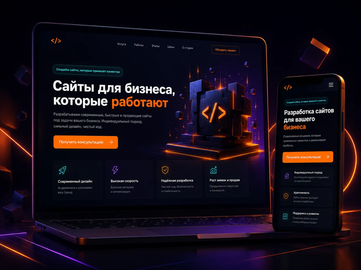 Пример современного сайта для бизнеса на ноутбуке и смартфоне